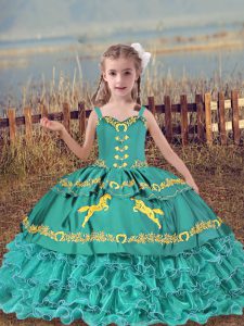 Straps Sleeveless Lace Up Little Girl Pageant Gowns Teal Organza