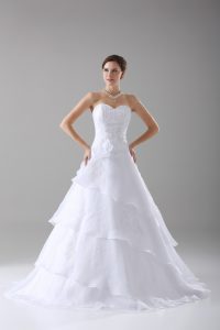 Admirable White Organza Lace Up Sweetheart Sleeveless Wedding Gowns Brush Train Beading and Ruffled Layers and Hand Made