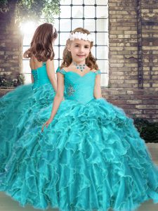 Aqua Blue Sleeveless Beading and Ruffles Floor Length Kids Formal Wear