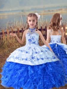 Dazzling Organza Halter Top Sleeveless Lace Up Beading and Embroidery and Ruffles Pageant Gowns For Girls in Blue And Wh