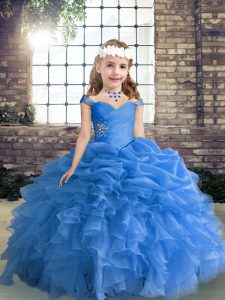 Ball Gowns Girls Pageant Dresses Blue Straps Organza Sleeveless Floor Length Lace Up