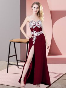 Extravagant Burgundy Chiffon Zipper Sweetheart Sleeveless Floor Length Lace and Appliques