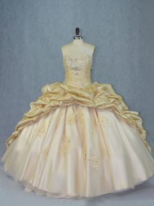Exceptional Sweetheart Sleeveless Brush Train Lace Up Quinceanera Dress Champagne Organza and Taffeta