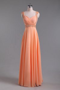 Romantic Orange Sleeveless Beading and Ruching Floor Length Prom Evening Gown