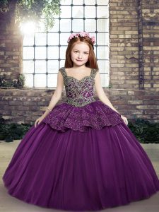 Eggplant Purple Lace Up Off The Shoulder Sleeveless Floor Length Pageant Gowns For Girls Beading and Appliques