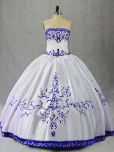 Flare Sleeveless Floor Length Embroidery Lace Up Quinceanera Gown with Blue And White