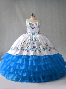Spectacular Blue And White Ball Gowns Organza Sweetheart Sleeveless Embroidery and Ruffled Layers Floor Length Lace Up Q