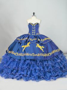 Sleeveless Embroidery and Ruffled Layers Lace Up Ball Gown Prom Dress with Blue Brush Train