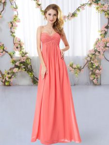 Superior Floor Length Zipper Wedding Party Dress Watermelon Red for Wedding Party with Ruching