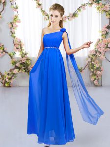 Royal Blue One Shoulder Neckline Beading and Hand Made Flower Bridesmaid Gown Sleeveless Lace Up