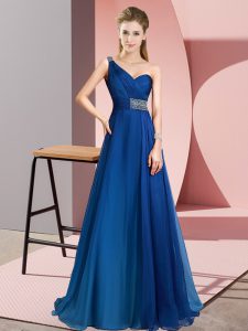 Low Price One Shoulder Sleeveless Prom Dresses Brush Train Beading Blue Chiffon