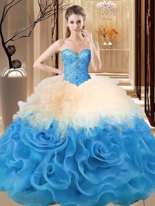 Sleeveless Organza and Fabric With Rolling Flowers Floor Length Lace Up Quinceanera Dress in Multi-color with Beading an
