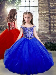 New Arrival Off The Shoulder Sleeveless Side Zipper Little Girls Pageant Dress Wholesale Royal Blue Tulle