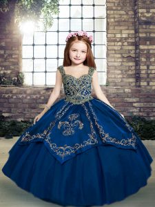 Blue Lace Up Straps Beading and Embroidery Pageant Dress Tulle Sleeveless