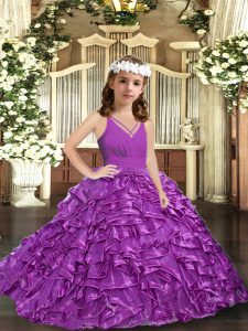 Floor Length Purple Pageant Dress for Girls V-neck Sleeveless Zipper