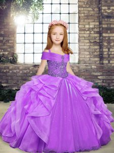Lavender Organza Lace Up Straps Sleeveless Floor Length Girls Pageant Dresses Beading and Ruffles