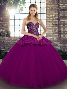 Nice Beading and Appliques 15th Birthday Dress Fuchsia Lace Up Sleeveless Floor Length
