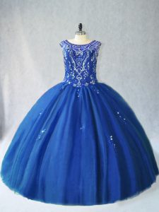 Most Popular Floor Length Lace Up Quinceanera Gowns Blue for Sweet 16 and Quinceanera with Beading