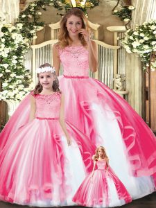 Floor Length Hot Pink Ball Gown Prom Dress Tulle Sleeveless Lace and Ruffles