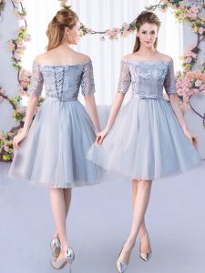 Grey Lace Up Dama Dress Lace and Belt Short Sleeves Knee Length
