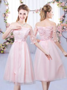 Eye-catching Baby Pink Lace Up Wedding Party Dress Lace and Belt Half Sleeves Tea Length