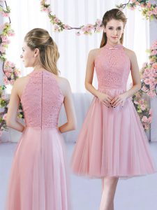 Noble Pink A-line Lace Bridesmaid Gown Zipper Tulle Sleeveless Tea Length
