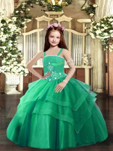 Turquoise Ball Gowns Tulle Straps Sleeveless Beading and Ruffled Layers Floor Length Lace Up Child Pageant Dress
