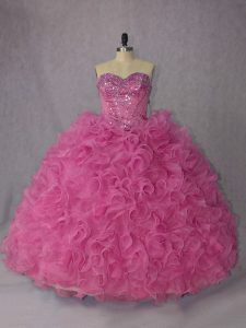 Simple Rose Pink Organza Lace Up Halter Top Sleeveless Ball Gown Prom Dress Brush Train Beading and Ruffles
