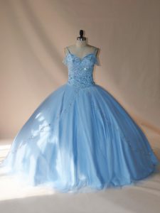 Blue and Light Blue 15 Quinceanera Dress V-neck Sleeveless Brush Train Lace Up
