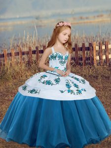 Blue Sleeveless Embroidery Floor Length Child Pageant Dress