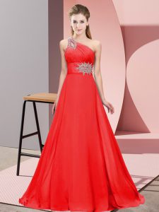 Sleeveless Beading Lace Up Evening Dress with Red Brush Train