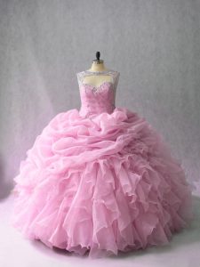 Perfect Pink Sleeveless Beading and Ruffles Lace Up Sweet 16 Dresses