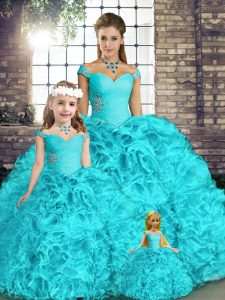 Edgy Organza Off The Shoulder Sleeveless Lace Up Beading and Ruffles Sweet 16 Dresses in Aqua Blue