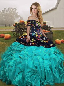 Clearance Sleeveless Lace Up Floor Length Embroidery and Ruffles Quinceanera Dresses