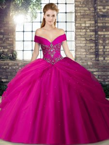 Shining Fuchsia Quinceanera Gowns Off The Shoulder Sleeveless Brush Train Lace Up