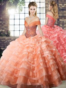 Pretty Peach Ball Gowns Off The Shoulder Sleeveless Organza Brush Train Lace Up Beading and Ruffled Layers Quinceanera G