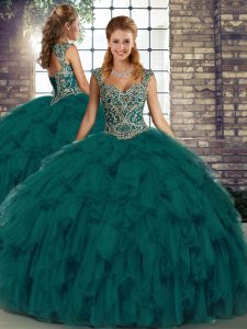 Perfect Organza Straps Sleeveless Lace Up Beading and Ruffles Sweet 16 Dresses in Peacock Green