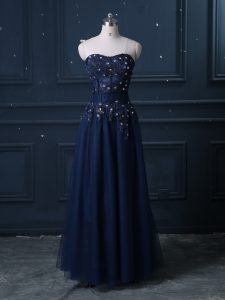 Column/Sheath Prom Evening Gown Navy Blue Sweetheart Tulle Sleeveless Floor Length Zipper
