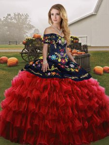 Red And Black Sleeveless Floor Length Embroidery and Ruffled Layers Lace Up Quinceanera Gowns