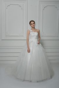 White Tulle Lace Up One Shoulder Sleeveless Wedding Dress Brush Train Beading and Lace and Hand Made Flower