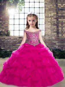 Fuchsia Lace Up Off The Shoulder Beading and Pick Ups Little Girl Pageant Dress Organza Sleeveless