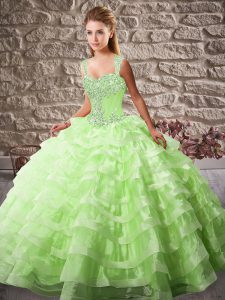 Adorable Straps Lace Up Beading and Ruffled Layers Sweet 16 Dress Court Train Sleeveless