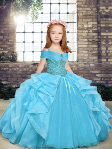 Aqua Blue Sleeveless Floor Length Beading and Ruffles Lace Up Little Girl Pageant Dress