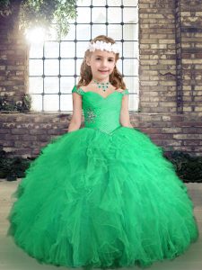 Straps Long Sleeves Lace Up Child Pageant Dress Turquoise Tulle