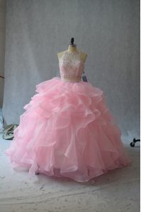 Pretty Pink Sleeveless Beading and Ruffles Backless 15 Quinceanera Dress