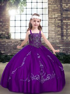 Purple Tulle Lace Up Straps Sleeveless Floor Length Little Girls Pageant Dress Beading