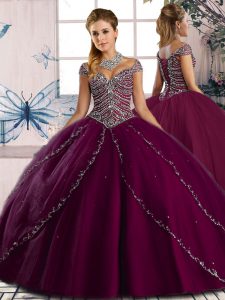 Top Selling Purple Ball Gowns Beading Quinceanera Gowns Lace Up Tulle Cap Sleeves