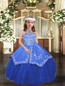 Royal Blue Lace Up Halter Top Beading and Appliques Winning Pageant Gowns Tulle Sleeveless