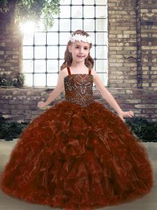 Sleeveless Organza Floor Length Lace Up High School Pageant Dress in Rust Red with Beading