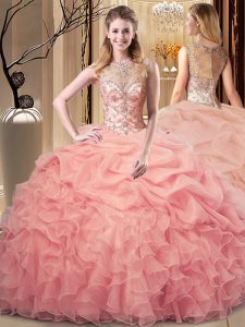 Peach Ball Gowns Beading and Ruffles Sweet 16 Dress Zipper Organza Sleeveless Floor Length
